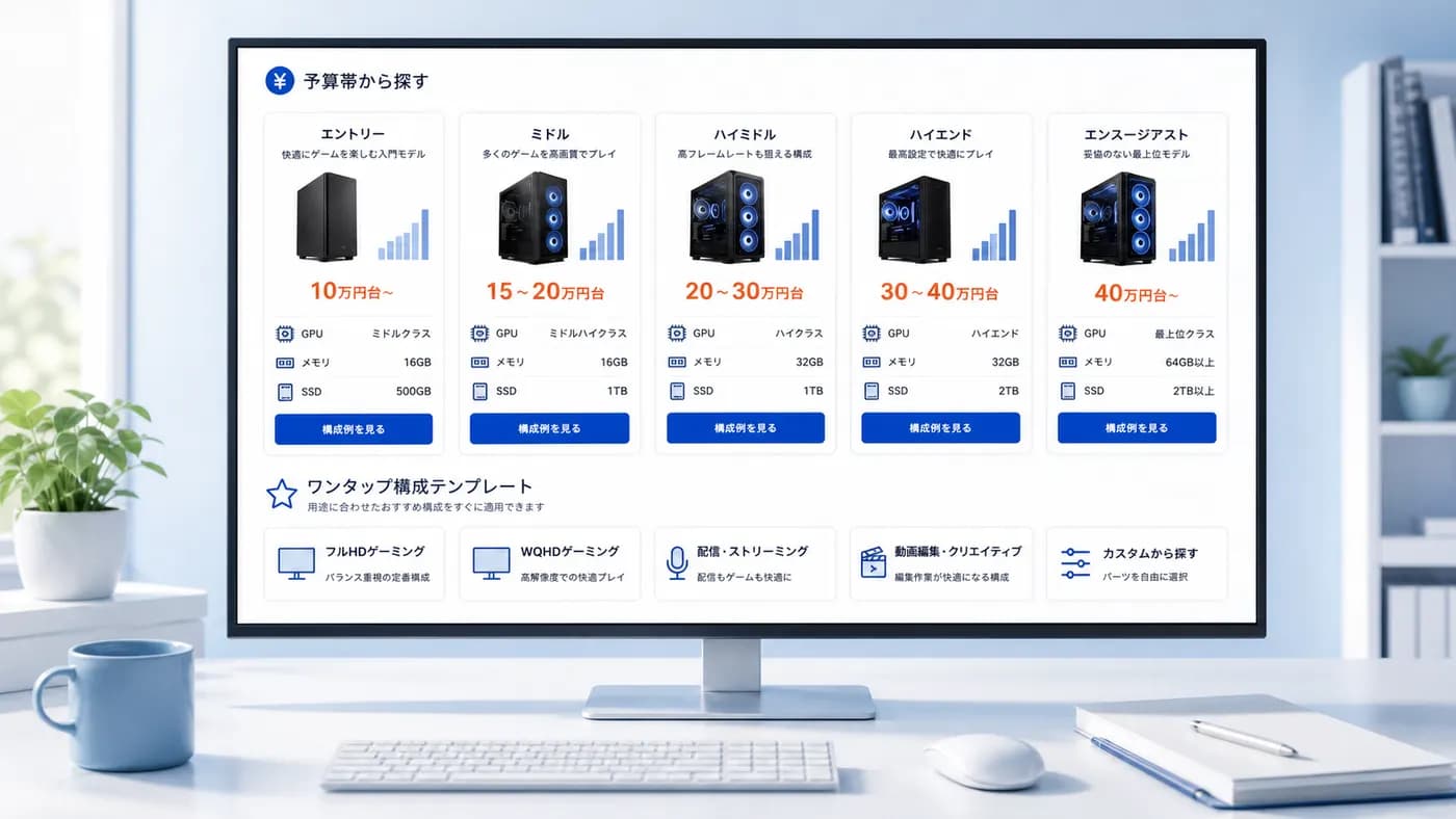 BTOパソコンを予算帯ごとの構成カードで比較する画面