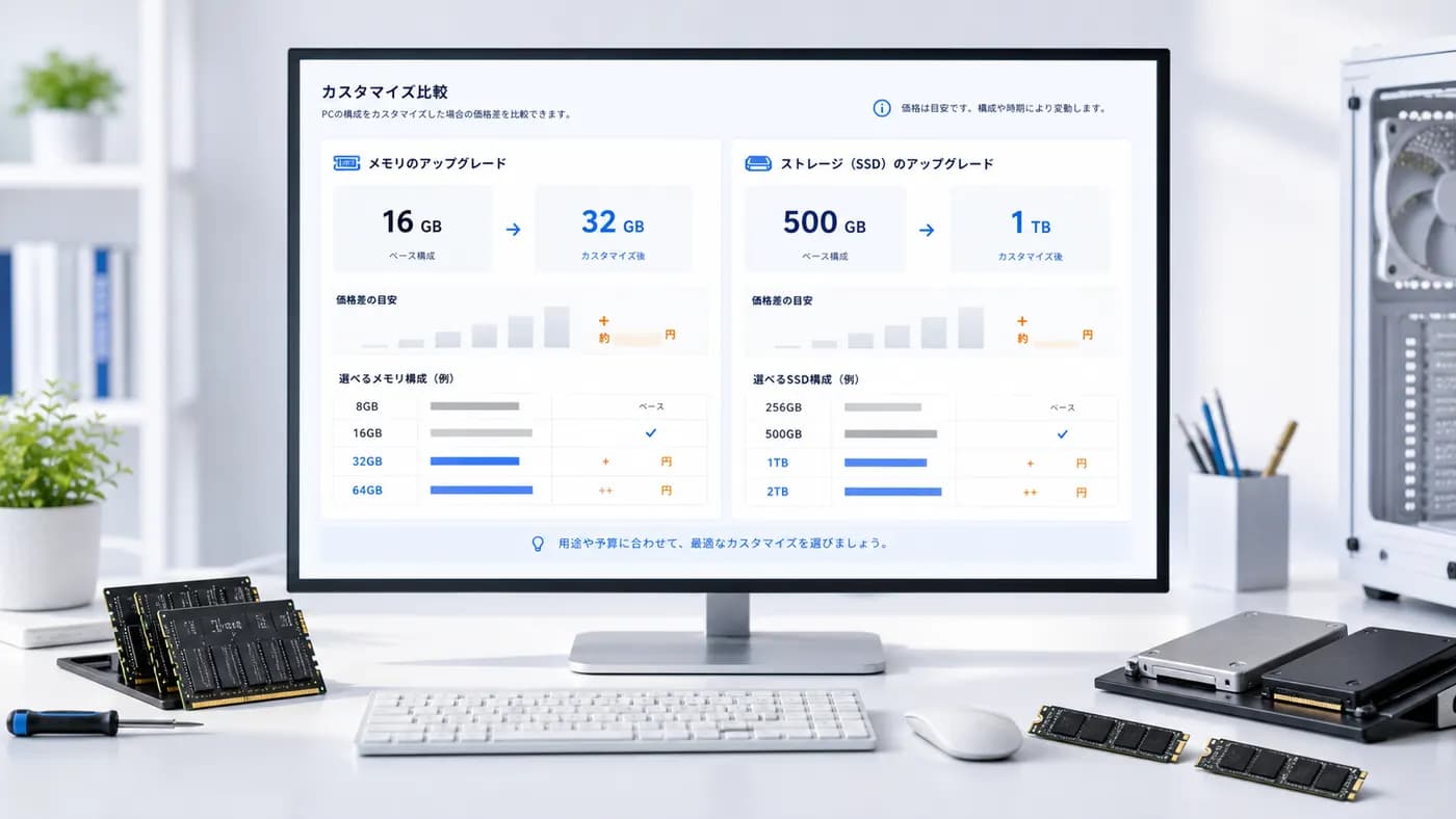 メモリ16GBから32GB、SSD500GBから1TBへのカスタマイズ差額を比較する画面