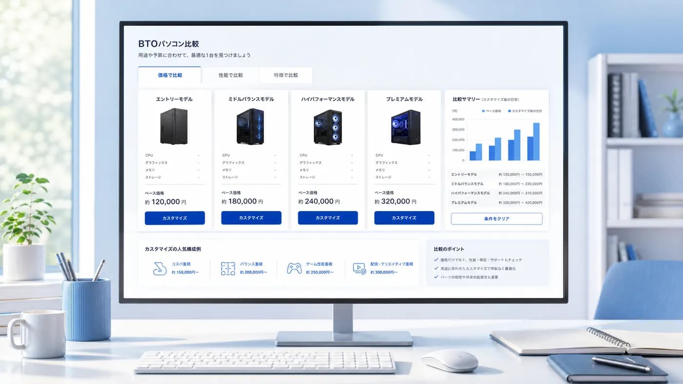 RTX 5070搭載BTOを価格帯と構成条件で比較する画面