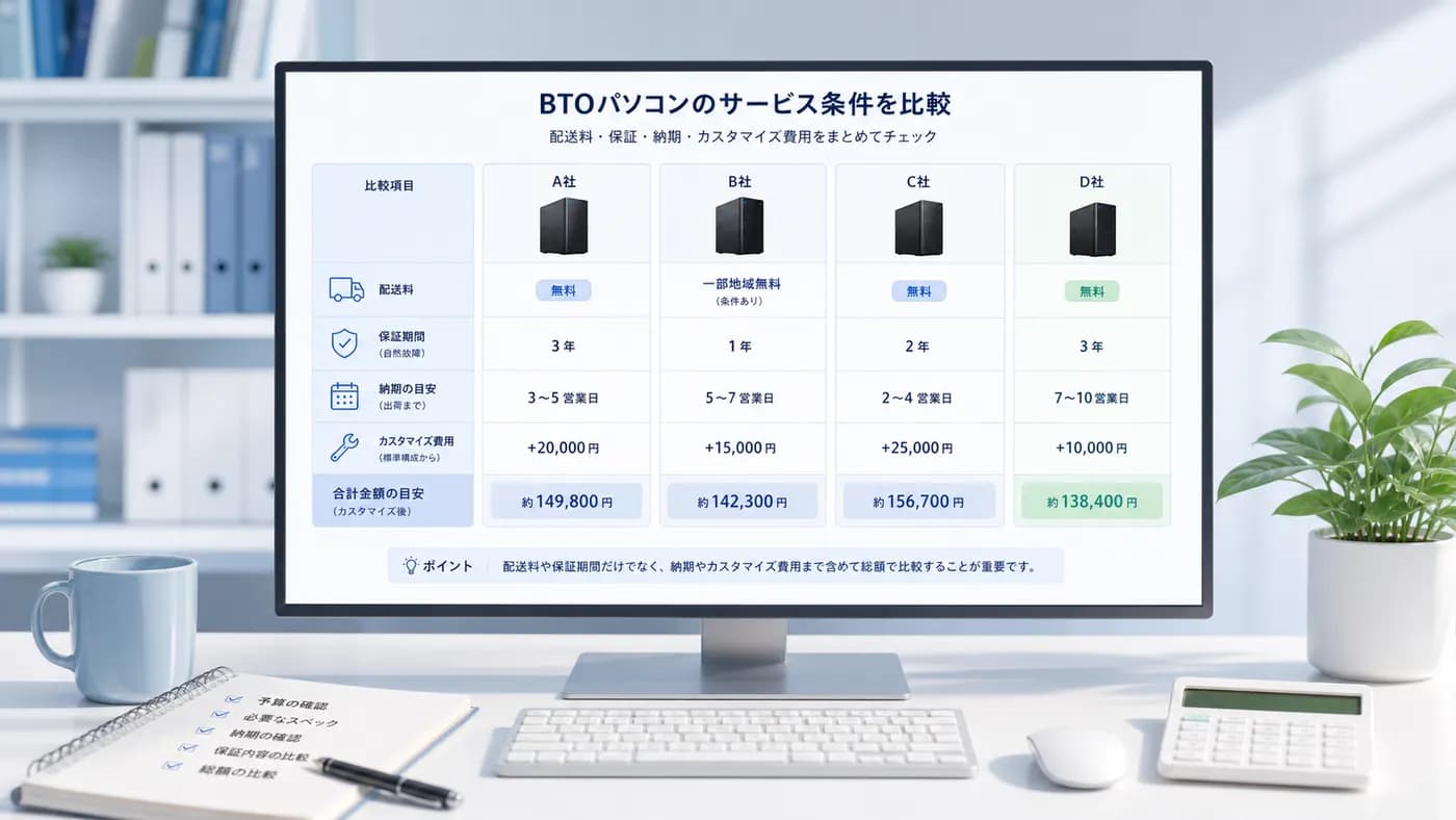 BTOメーカーを送料、保証、納期、カスタマイズ費用で比較するダッシュボード