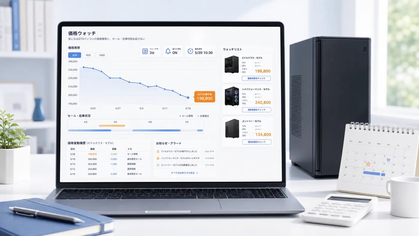 BTOパソコンの価格推移と値下がり候補を確認する価格ウォッチ画面