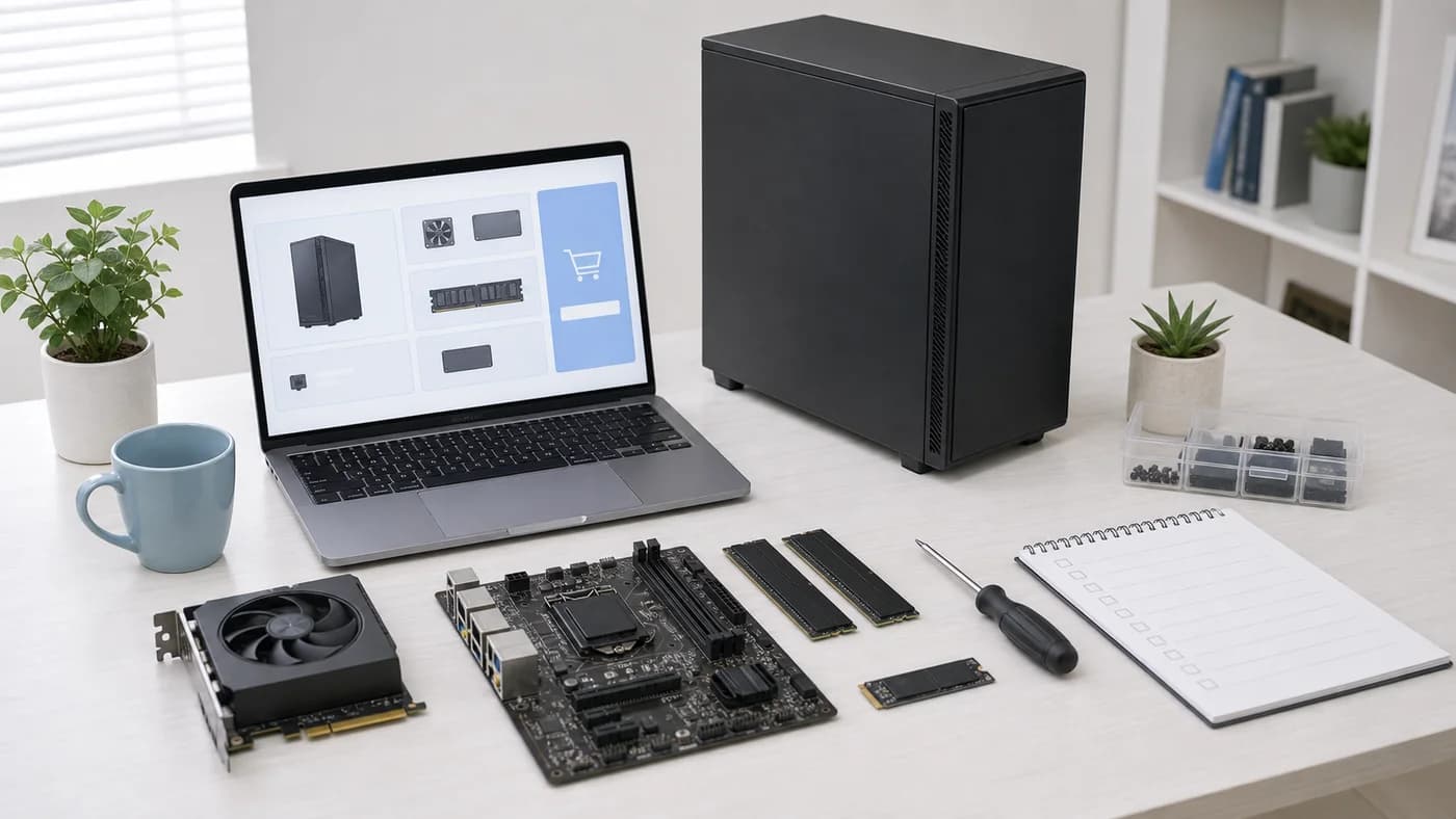 BTOパソコンの構成を決めるためにPC本体とパーツを並べた明るいデスク