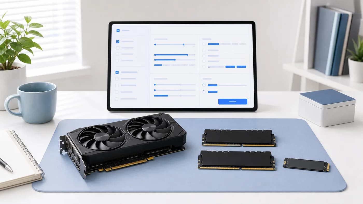 GPU、メモリ、SSDと比較条件の画面を並べた明るいデスク